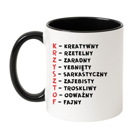 biały kubek ceramiczny krzysztof z autorskim projektem humorystycznym