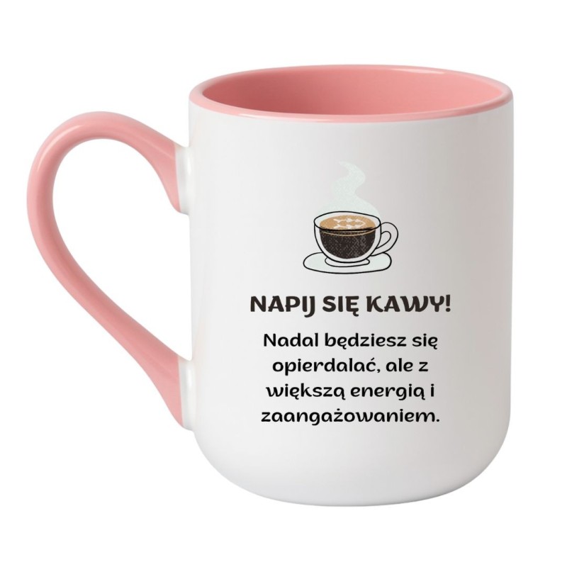 Kubek elegancki biało-różowy 330 ml z zabawnym nadrukiem – humorystyczny gadżet do pracy