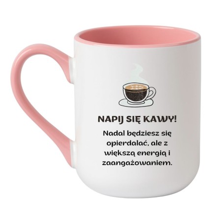 Kubek elegancki biało-różowy 330 ml z zabawnym nadrukiem – humorystyczny gadżet do pracy