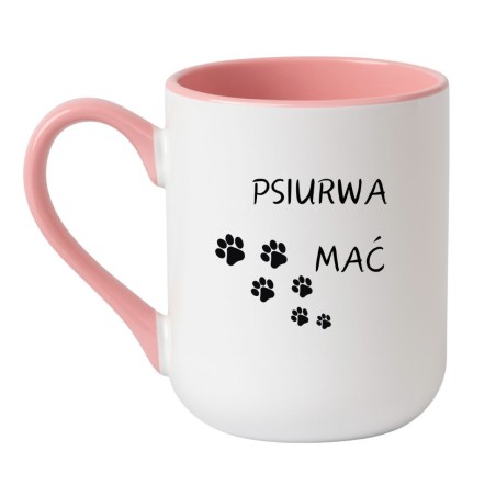 Kubek elegancki biało-różowy 330 ml z zabawną grafiką łapek – śmieszny kubek z nadrukiem