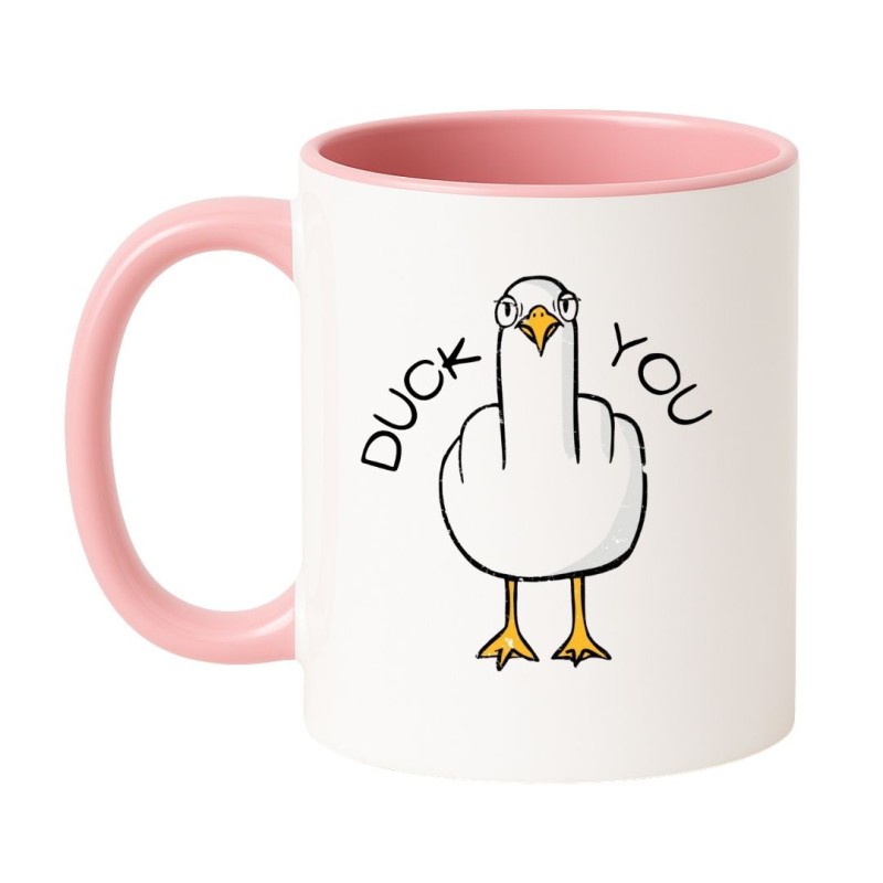 biało różowy kubek z napisem DUCK YOU i kaczką