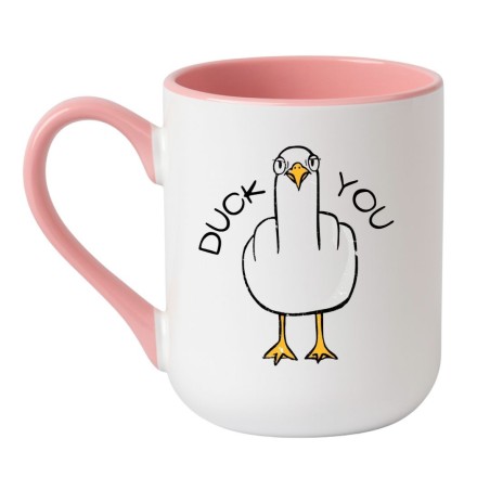 elegancki biało różowy kubek z napisem duck you i grafiką kaczki