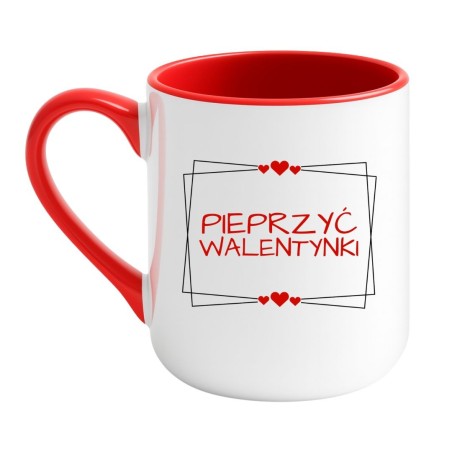 Śmieszny Biało Czerwony Kubek Elegant Coffee 330 ml na Walentynki z Napisem "PIEPRZYĆ WALENTYNKI"