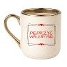 Śmieszny Biało Kremowy Kubek Elegant Coffee 330 ml na Walentynki z Napisem "PIEPRZYĆ WALENTYNKI"