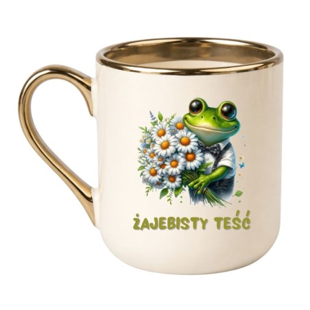 KUBEK "ŻAJEBISTY TEŚĆ" KUBEK KREMOWO-ZŁOTY ELEGANCKI