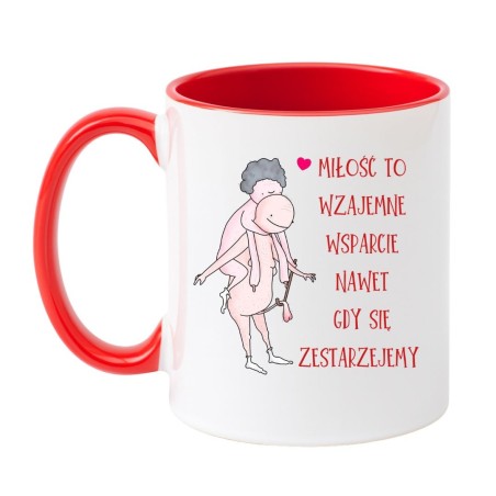 Biało czerwony kubek z napisem „Miłość to wzajemne wsparcie nawet gdy się zestarzejemy”