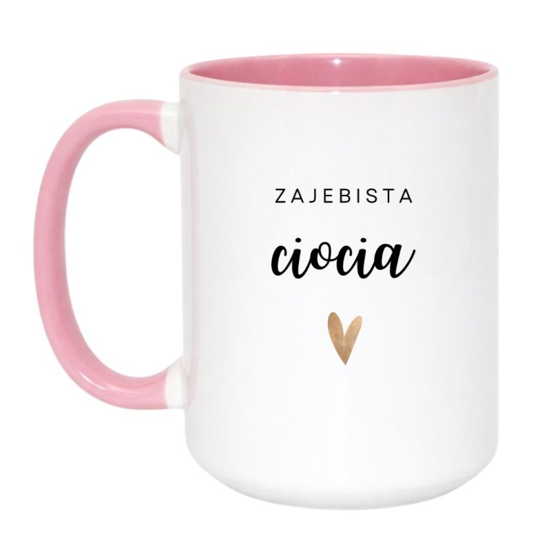 Kubek duży biało-różowy 450 ml z napisem – elegancki kubek z nadrukiem serca dla cioci.