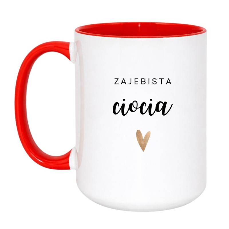 Kubek duży biało-czerwony 450 ml z nadrukiem – kubek z napisem dla cioci, must-have dla kawoszy.