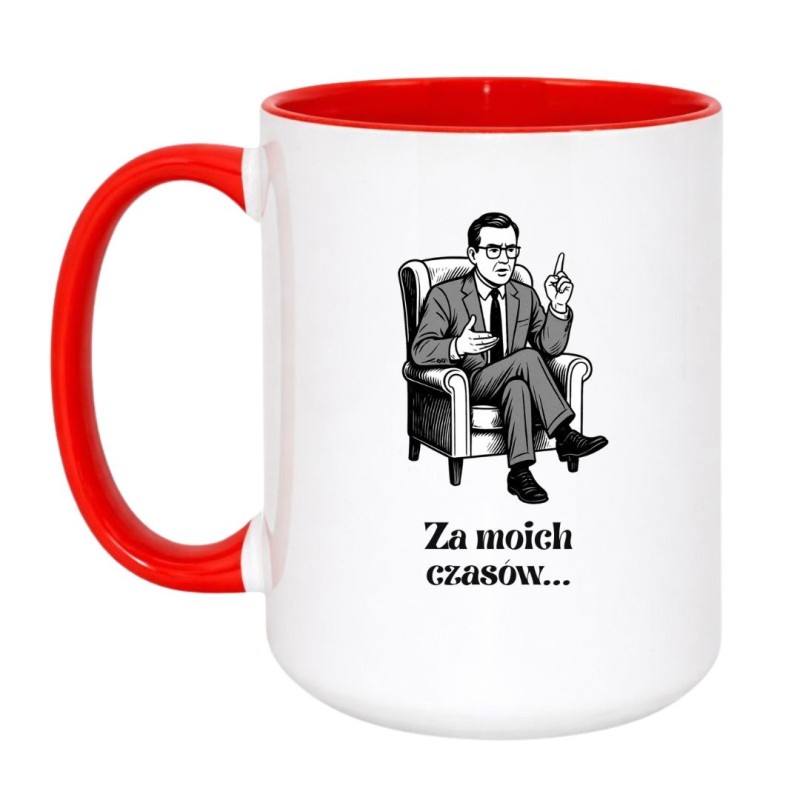 Kubek duży biało-czerwony 450 ml z zabawną ilustracją seniora – świetny do biura