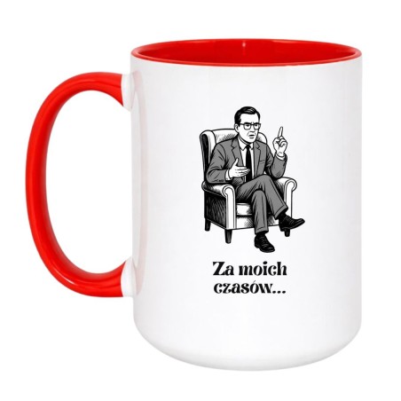 Kubek duży biało-czerwony 450 ml z zabawną ilustracją seniora – świetny do biura