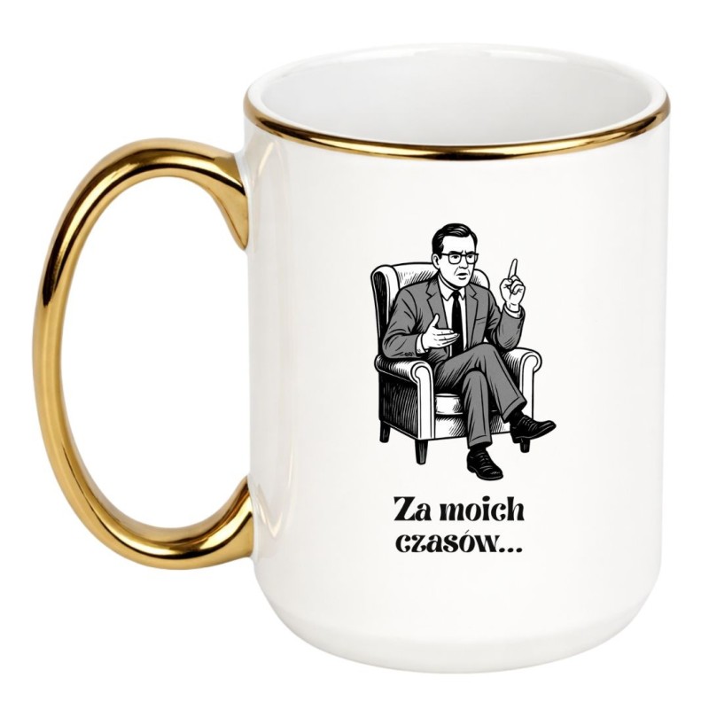 Kubek duży biało-czerwony 450 ml z zabawną ilustracją seniora – świetny do biura