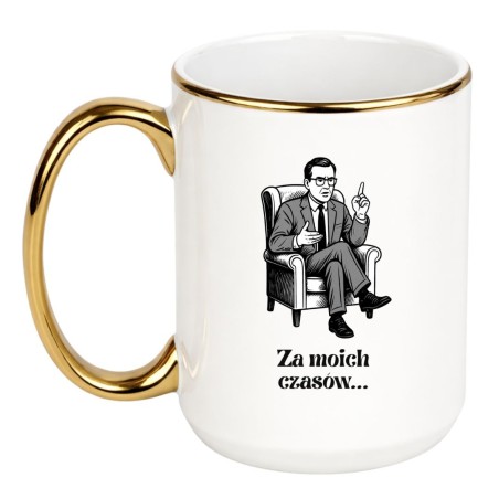 Kubek duży biało-czerwony 450 ml z zabawną ilustracją seniora – świetny do biura