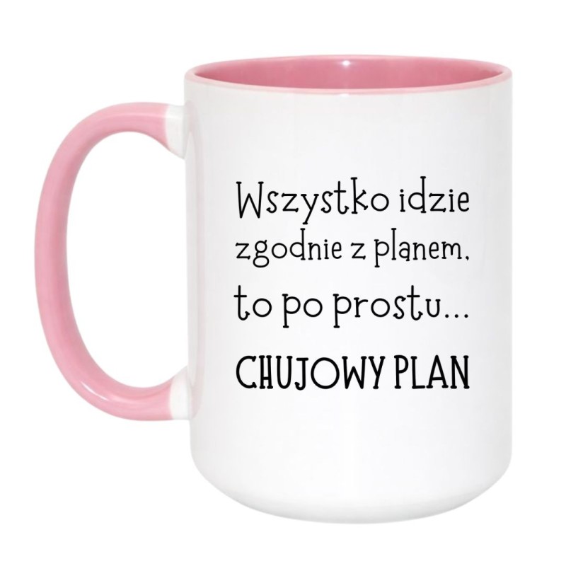 Kubek duży biało-różowy 450 ml z chamskim napisem – doskonały gadżet do pracy