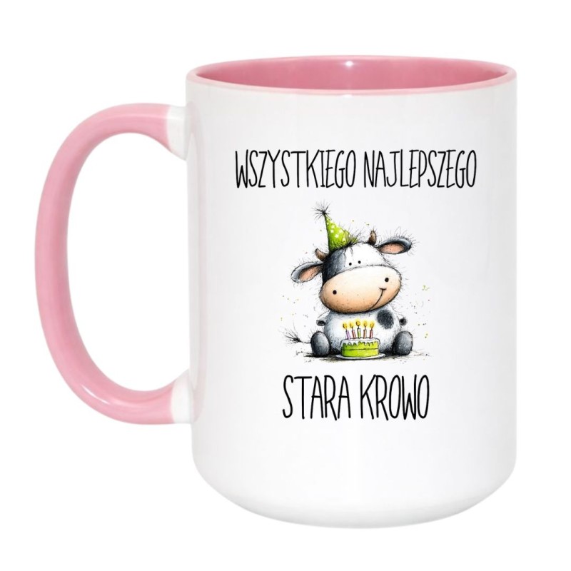 Kubek duży biało-różowy 450 ml z zabawną ilustracją – śmieszny kubek na urodziny, must-have do porannej kawy.
