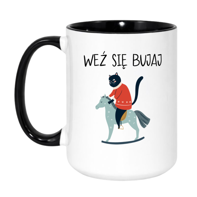 Kubek duży biało-czarny 450 ml z nadrukiem – śmieszny kot na koniu, kubek do pracy.