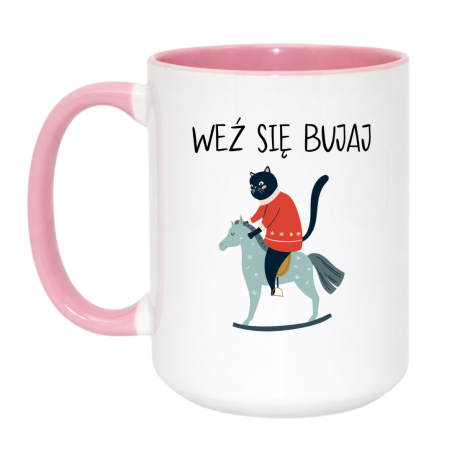 Kubek duży biało-różowy 450 ml z nadrukiem – zabawny kubek z motywem kota, prezent do kawy.