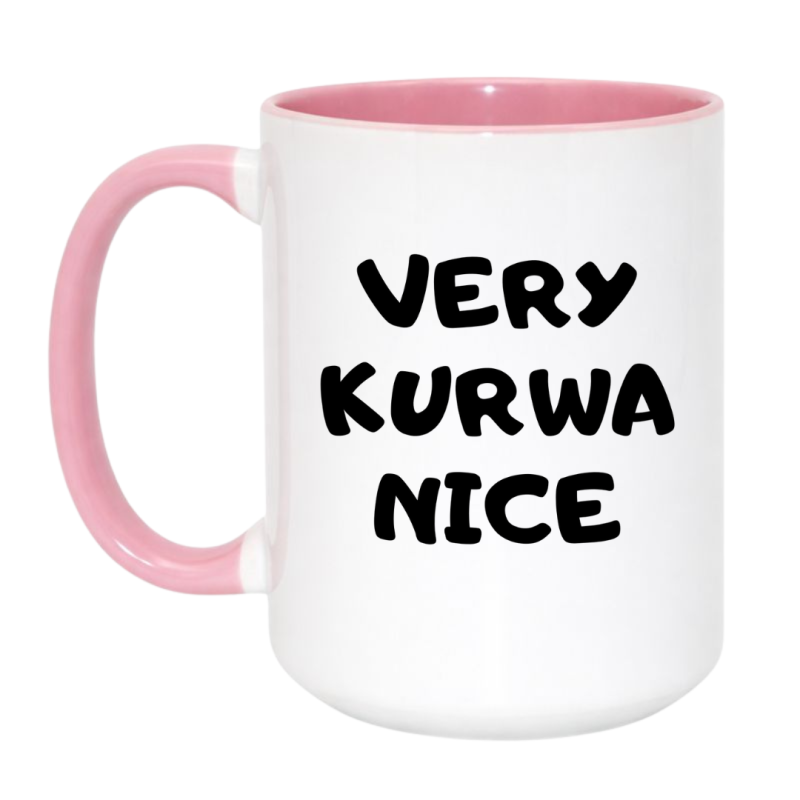 Kubek duży biało-różowy 450 ml z chamskim napisem – śmieszny gadżet dla znajomych