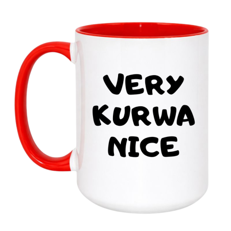 Kubek duży biało-czerwony 450 ml z wulgarnym motywem – must-have dla kawoszy