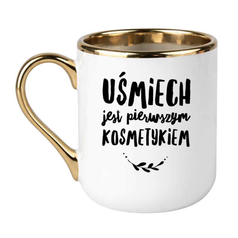 KUBEK „UŚMIECH JEST PIERWSZYM KOSMETYKIEM” ELEGANCKI ZE ZŁOTEM