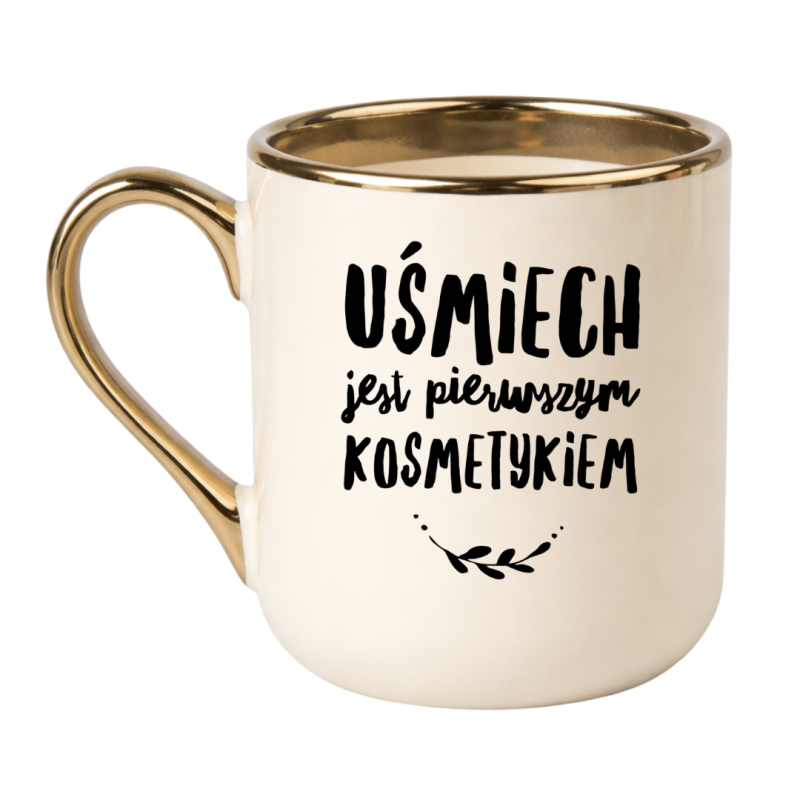KUBEK „UŚMIECH JEST PIERWSZYM KOSMETYKIEM” KREMOWY ELEGANCKI