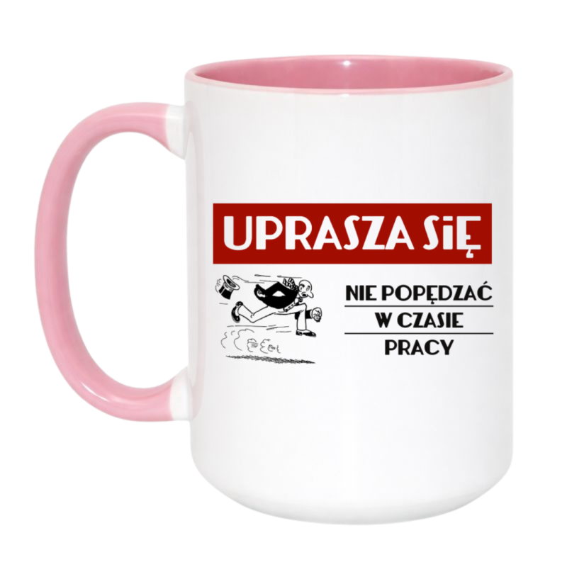 Duży kubek biało-różowy 450 ml z zabawną ilustracją o pracy — must-have dla fanów kawy