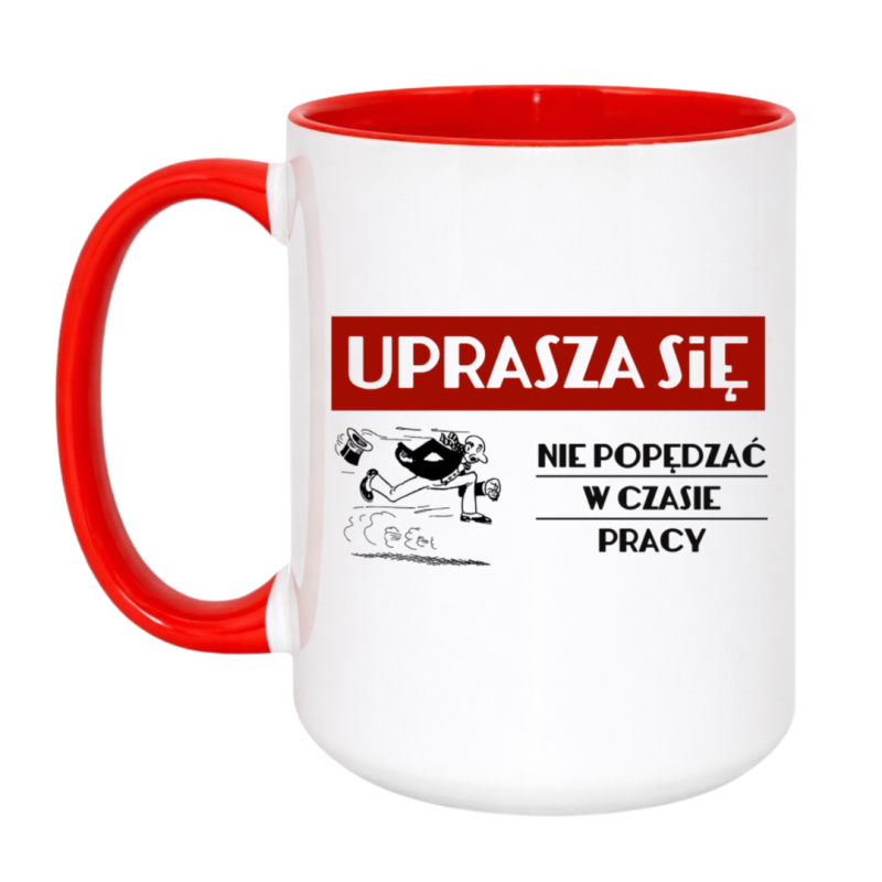 Duży kubek biało-czerwony 450 ml z motywem pracy — śmieszny prezent do domu