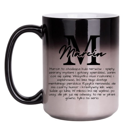 Personalizowany duży magiczny kubek 450 ml z opisem imienia Marcin