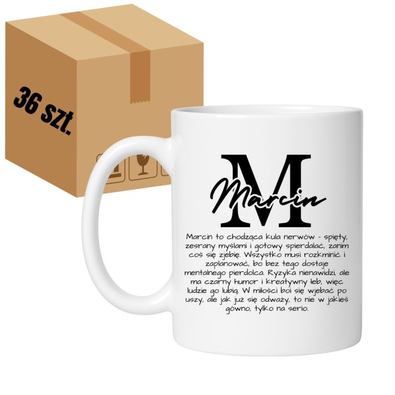 36 x Personalizowany kubek 330 ml z opisem imienia Marcin