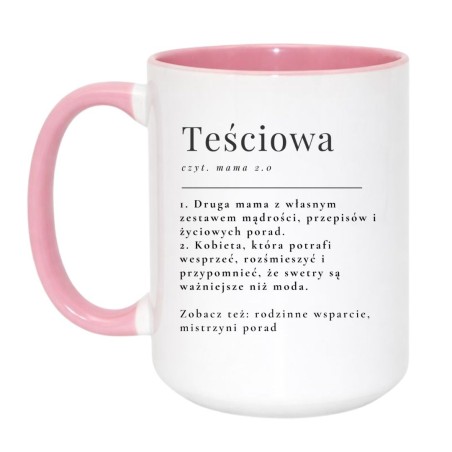 Duży kubek biało-różowy 450 ml z humorystycznym motywem teściowej — must-have