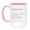 Duży kubek biało-różowy 450 ml z humorystycznym motywem teściowej — must-have