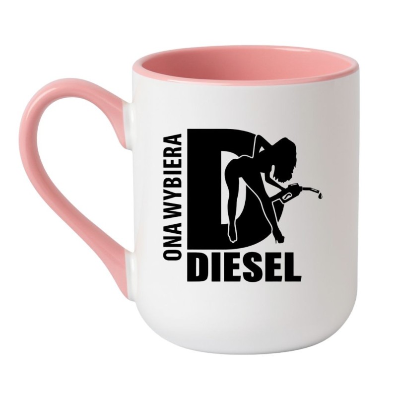 Kubek motoryzacyjny grafiką kobiety i napisem ONA WYBIERA DIESEL