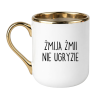 Kubek biało złoty z napisem ŻMIJA ŻMII NIE UGRYZIE