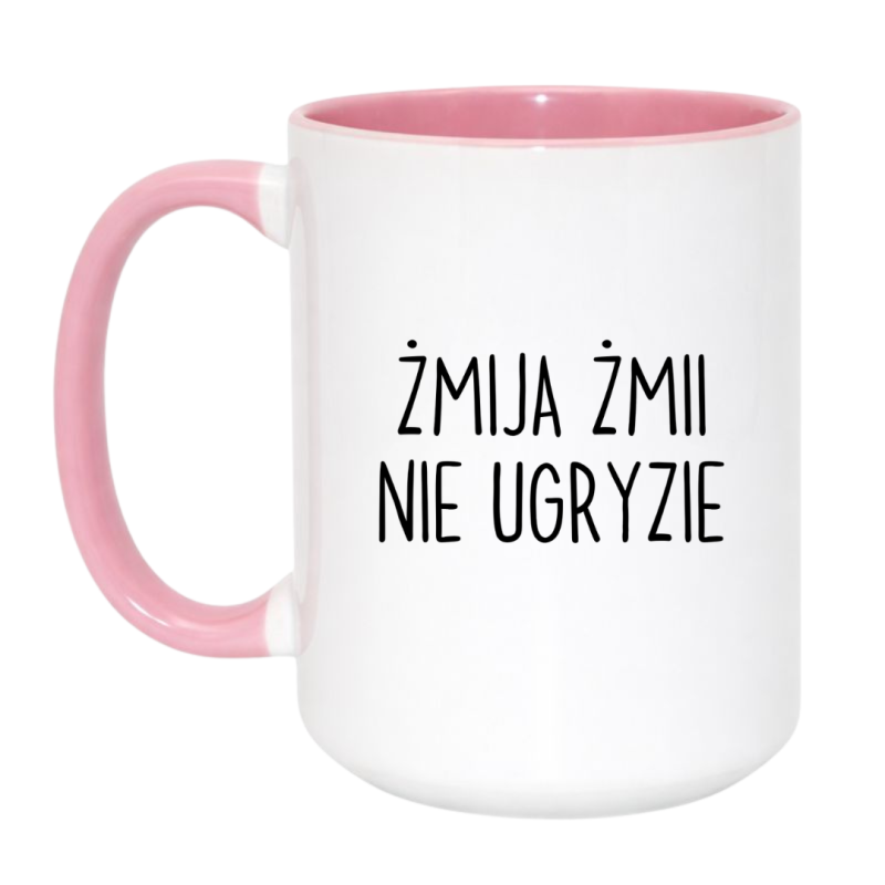 Kubek duży 450 ml biało różowy z napisem ŻMIJA ŻMII NIE UGRYZIE
