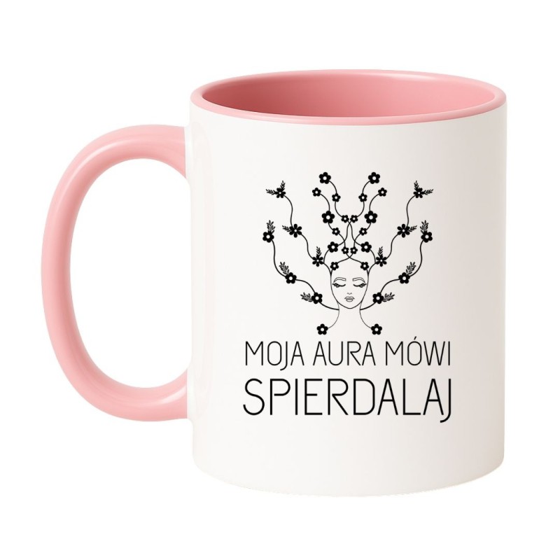 Biało różowy kubek MOJA AURA MÓWI SPIERDALAJ