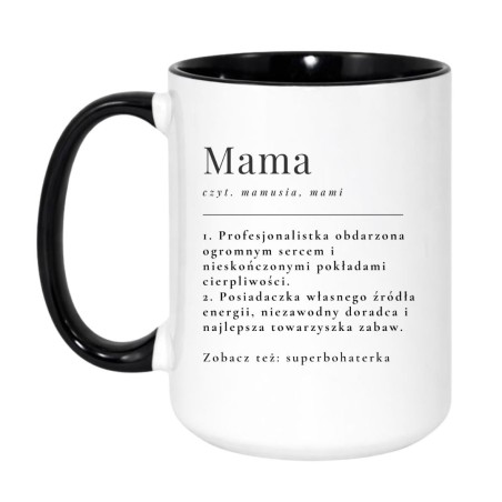 Duży kubek biało-czarny 450 ml z humorystycznym wzorem o mamie — idealny do biura