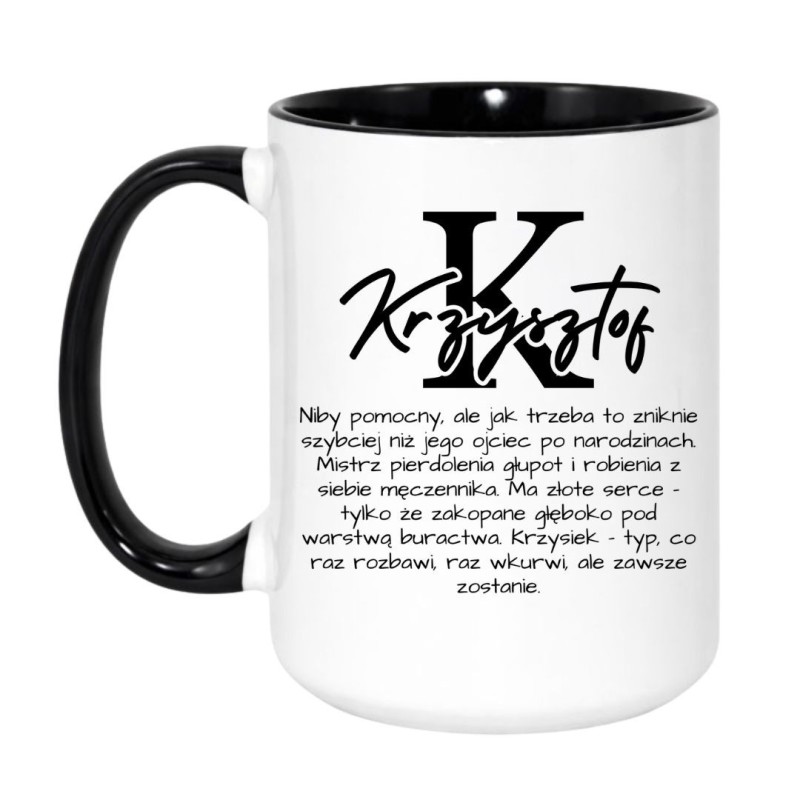 Kubek duży biało-czarny 450 ml z nadrukiem – humorystyczny kubek z imieniem Krzysztof, idealny do biura.