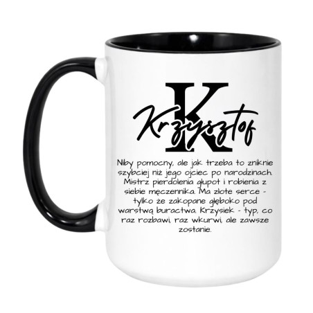 Kubek duży biało-czarny 450 ml z nadrukiem – humorystyczny kubek z imieniem Krzysztof, idealny do biura.