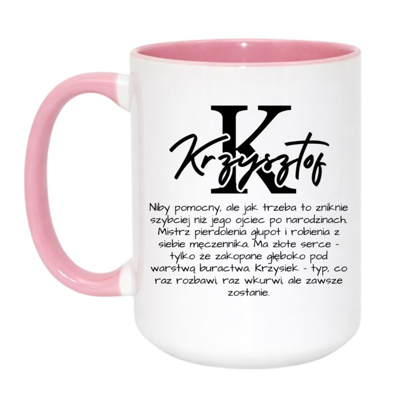 Kubek duży biało-różowy 450 ml z nadrukiem bez cenzury – śmieszny kubek z imieniem Krzysztof, sprawdź bestseller.