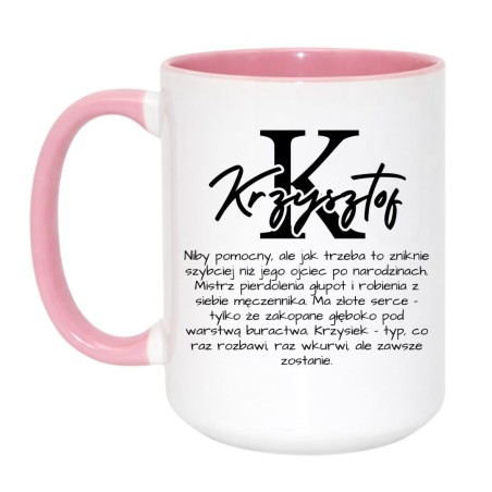 Kubek duży biało-różowy 450 ml z nadrukiem bez cenzury – śmieszny kubek z imieniem Krzysztof, sprawdź bestseller.