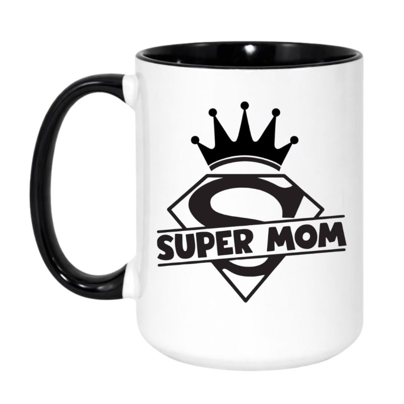 Duży kubek biało-czarny 450 ml z grafiką Super Mom — idealny do biura