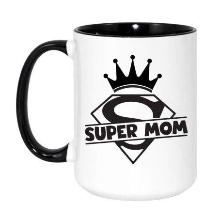 Duży kubek biało-czarny 450 ml z grafiką Super Mom — idealny do biura