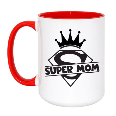 Duży kubek biało-czerwony 450 ml z nadrukiem Super Mom — świetny pomysł na prezent