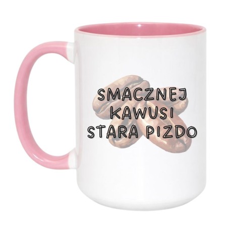 Kubek duży biało-różowy 450 ml z zabawnym motywem kawy – śmieszny kubek bez cenzury