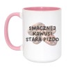 Kubek duży biało-różowy 450 ml z zabawnym motywem kawy – śmieszny kubek bez cenzury