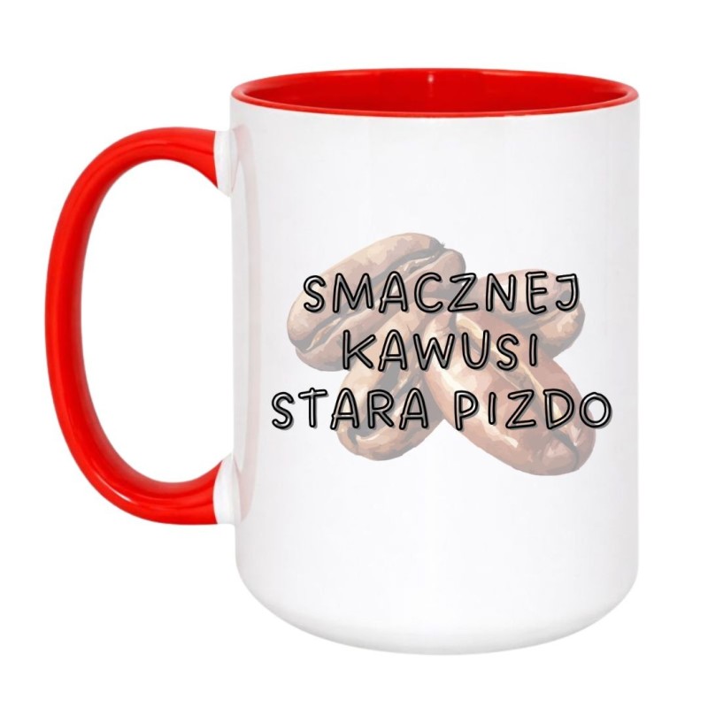 Kubek duży biało-czerwony 450 ml z humorystycznym napisem – must-have dla kawoszy