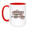 Kubek duży biało-czerwony 450 ml z humorystycznym napisem – must-have dla kawoszy