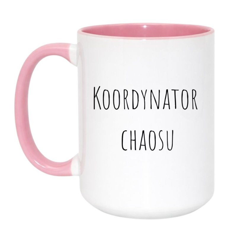 Kubek duży biało-różowy 450 ml z minimalistycznym napisem i lekkim wzorem, kubek z nadrukiem