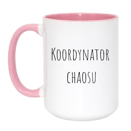 Kubek duży biało-różowy 450 ml z minimalistycznym napisem i lekkim wzorem, kubek z nadrukiem