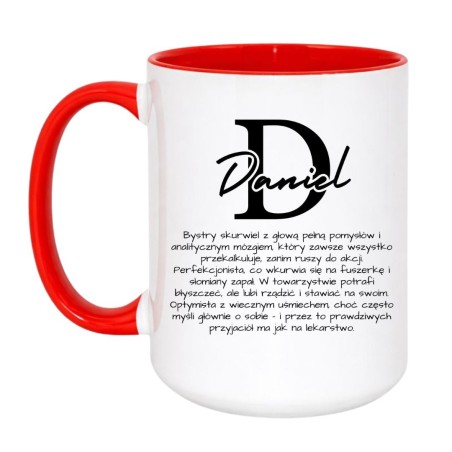 Kubek biało-czerwony 450 ml z imieniem „Daniel” i zabawnym opisem charakteru dla niego.