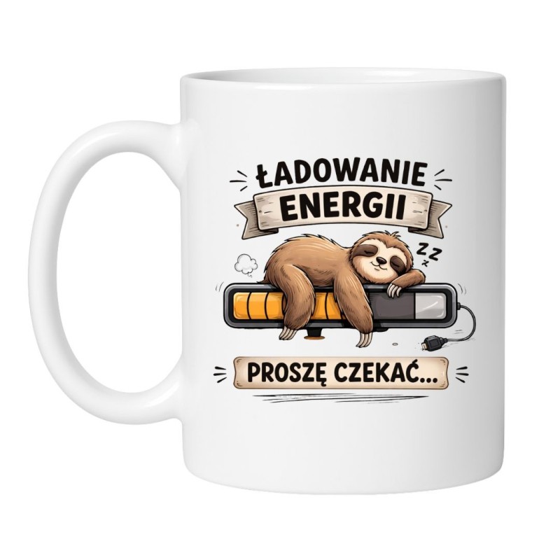 biały kubek biurowy z napisem ładowanie energii proszę czekać